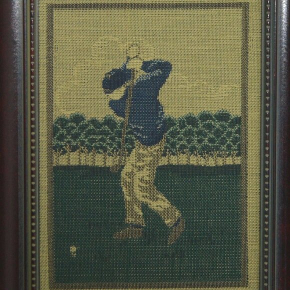Vintage Golfer Woven Tapestry Framed Golf Picture Bombay 21 1/4" H x 8 3/4" W - Picture 2 of 3